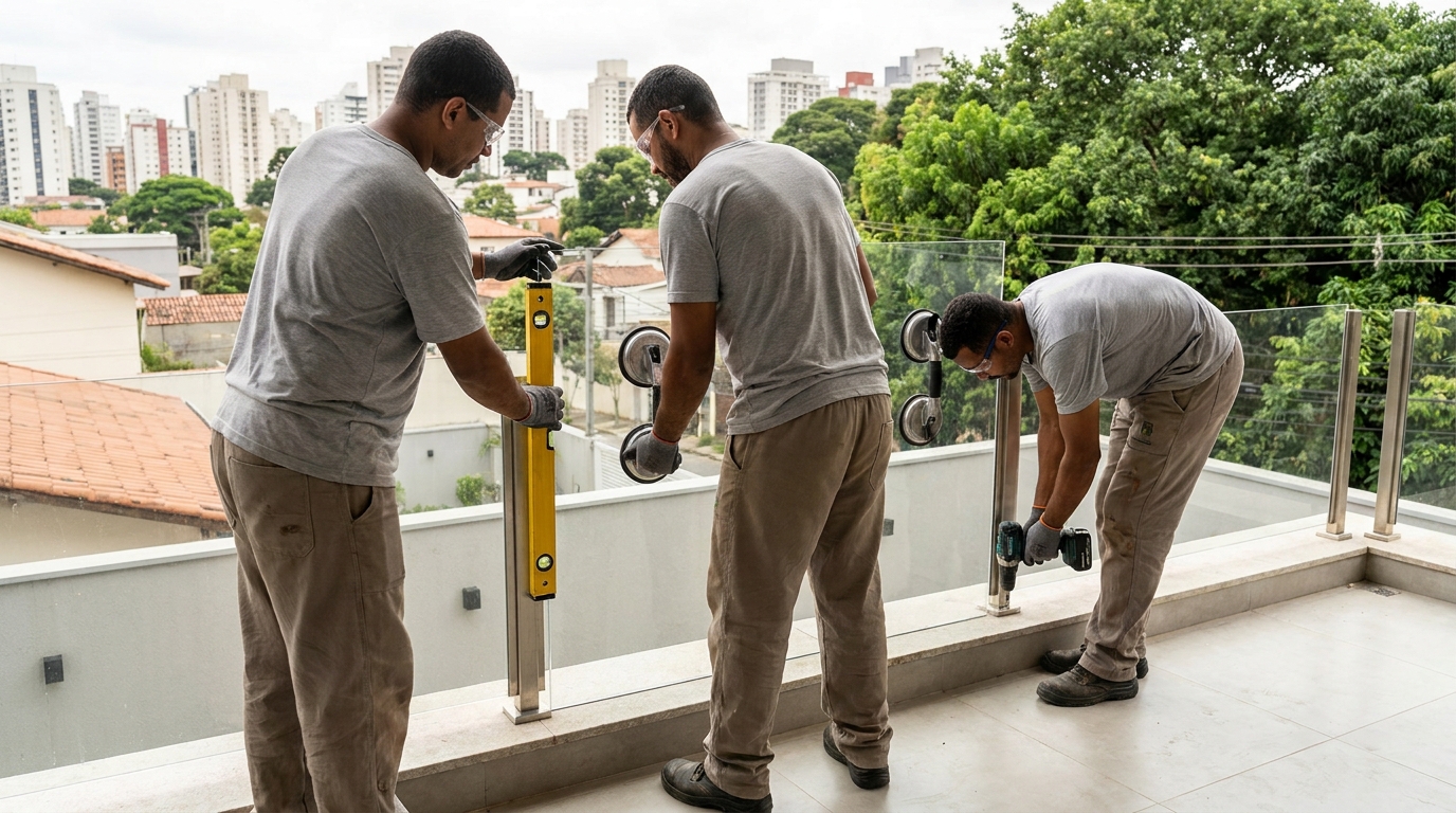 Guarda-corpo em terraço alto com vista cidade em São José do Rio Preto-SP